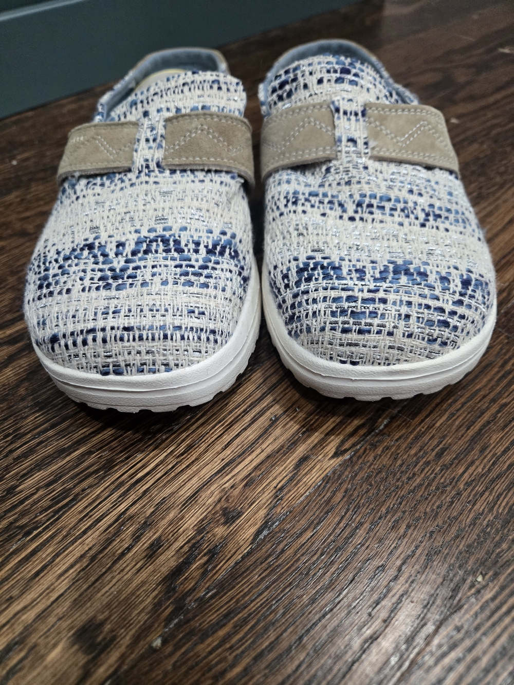 Hey Dudes Clogs in Blue and Cream with Tan Strap